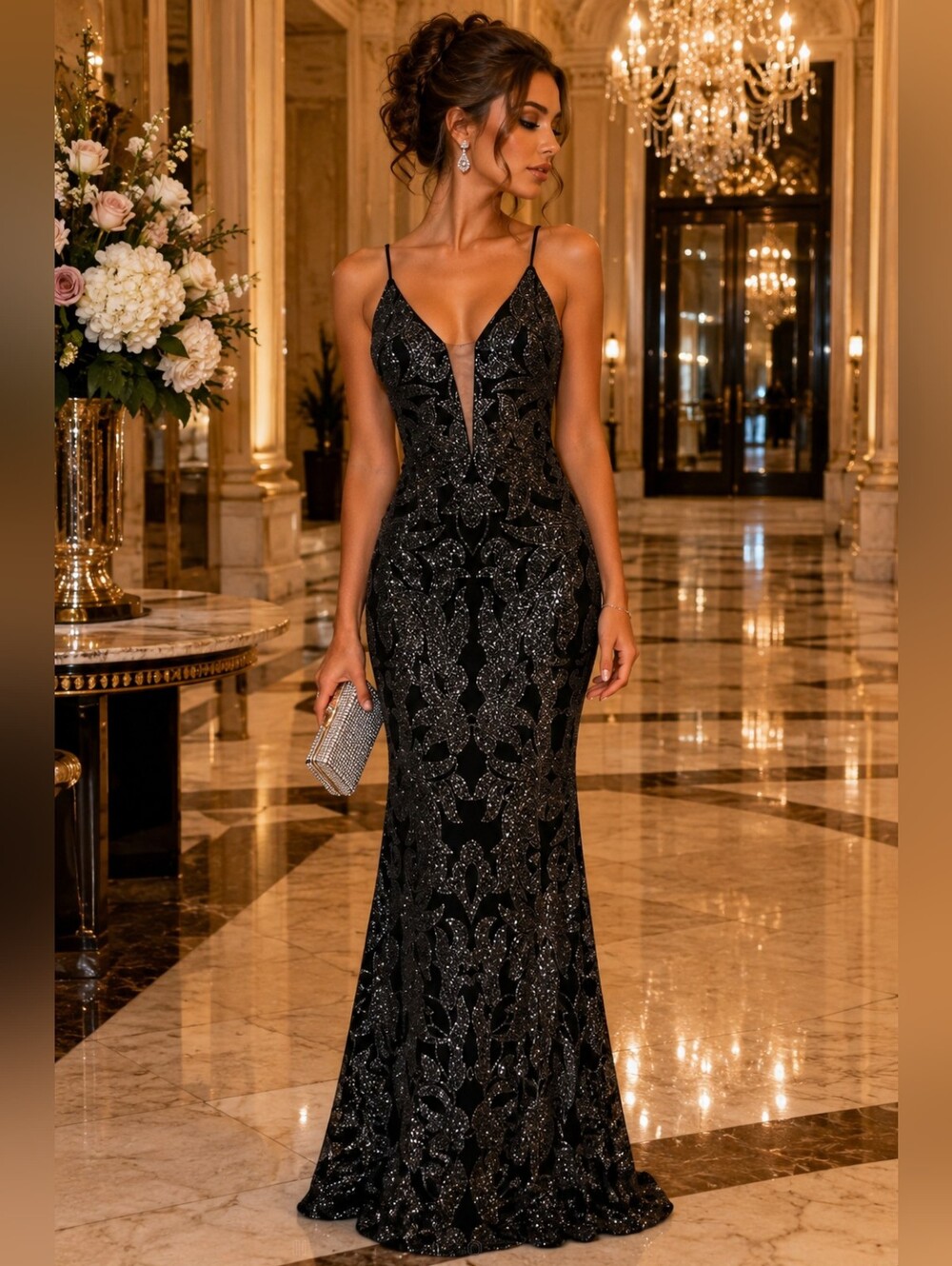 Betsy & Adam Glitter Mesh Illusion Plunge Mermaid Evening Gown Formal Dress 4